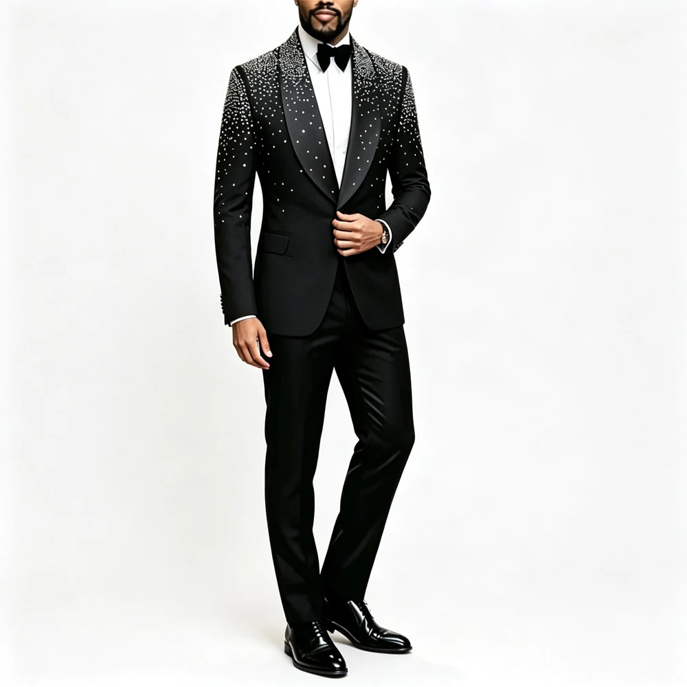 Men Gradient Rhinestone Tuxedo Jacket Shawl Lapel One Button Slim Fit Blazer Black Satin Collar Suit Coat For Wedding Groom Prom Party Stage
