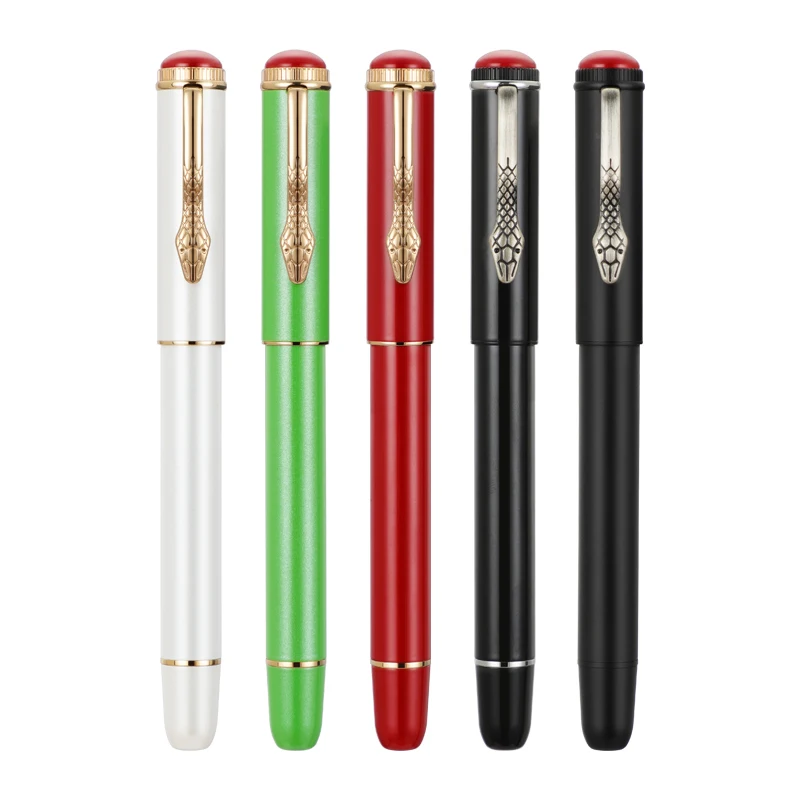 Jinhao 025 Füllfederhalter aus Metall, Retro-Schlangenclip, extra feine Spitze, glatter Schreibstift mit Tintenkonverter und silbernem Box-Set