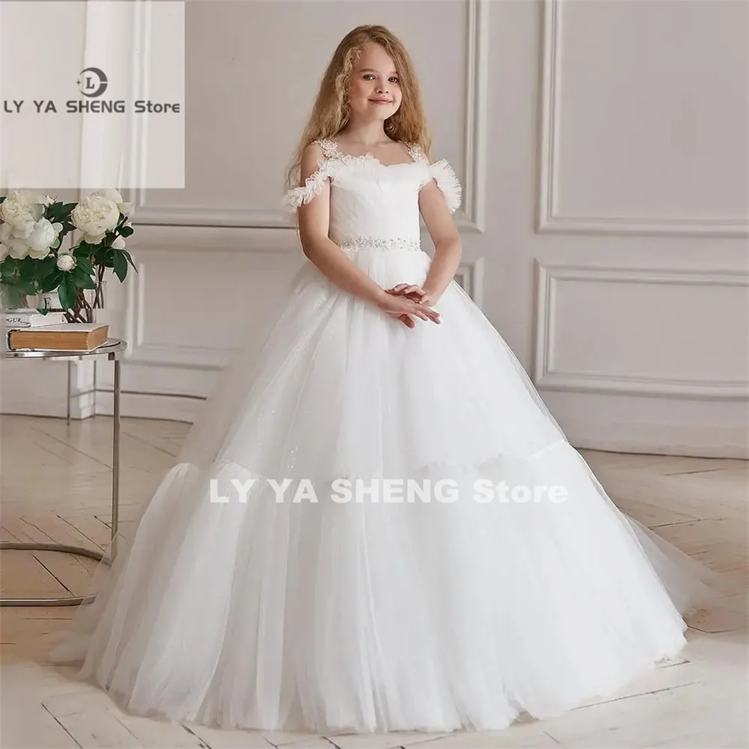 

Flower Girls Dresses For Wedding Fashion Ruffles Beaded Crystal Sash Pageant Gowns Floor Length Kids Princess Birthday