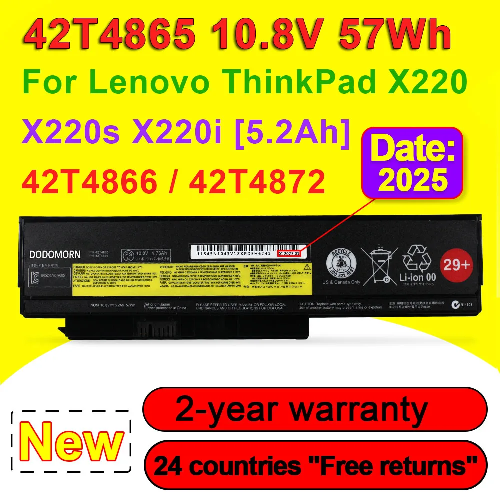 

5.2Ah 42T4865 42T4866 Laptop Battery For Lenovo ThinkPad X220 X220S X220I Series 42T4872 42T4899 42T4900 42T4942 10.8V 57Wh 29+