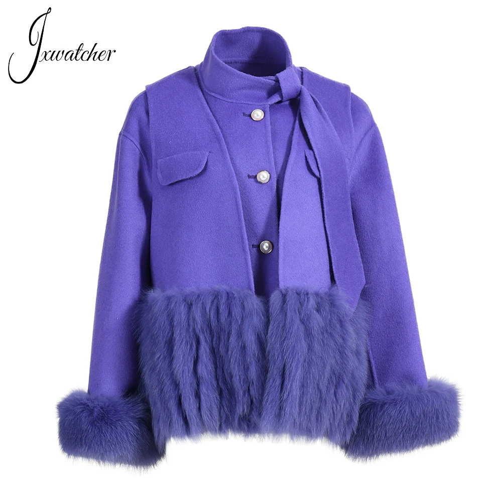 Jxwatcher Women's Cashmere Coat 2022 Autumn Winter New Style Real Fox Fur Vest Two Piece Set Ladies Pearl buttons Jacket Fashion