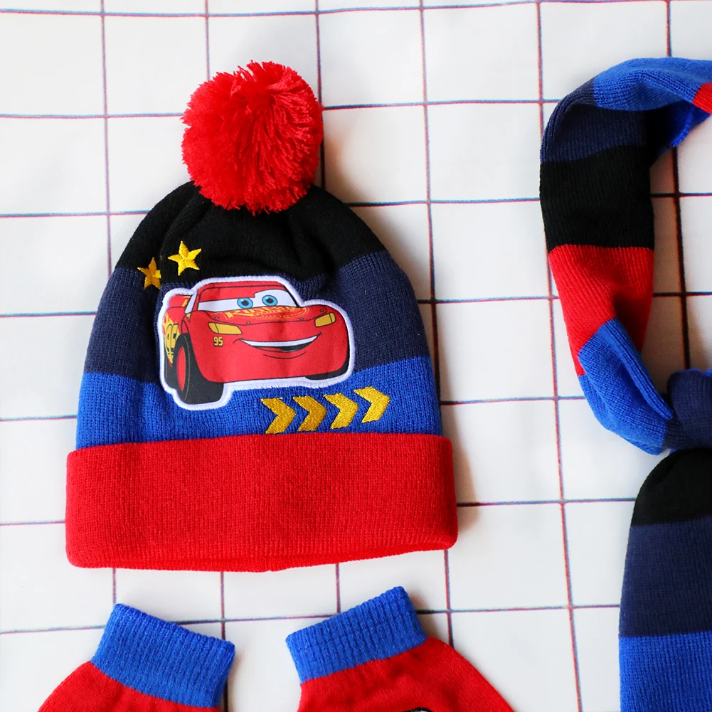 Disney New Autumn and Winter Cute Children Cars Cartoon Scarf Hat glove three-piece Warm Boy Girl Car Child hats