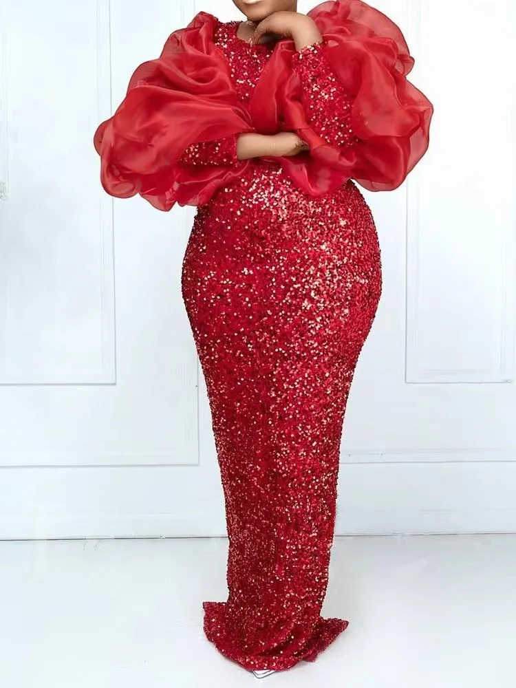 Elegant Women's high-waisted dress with puff sleeves and sequin embroidery – perfect for party evening wear