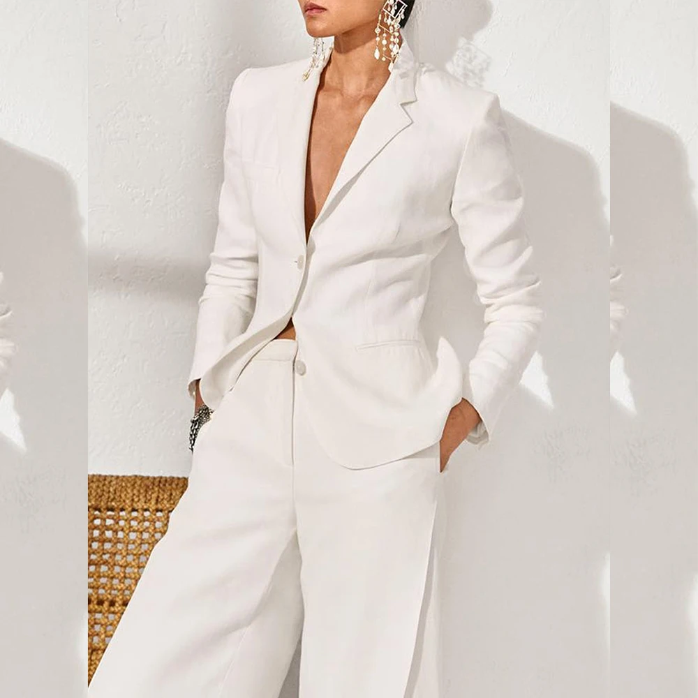 White Slim Fit Notch Lapel Office Lady Women 2 Pants Sets with Jacket Regular Length Solid Color Business Formal Clothing Suits