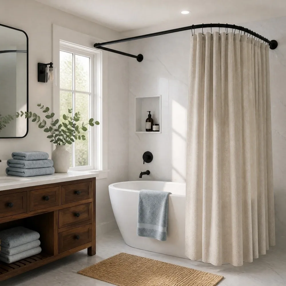 U Shape Shower Rod Thickened Stainless Steel Adjustable Length Tension Shower Rod No Drill Curved Curved Shower Rod Shower Area