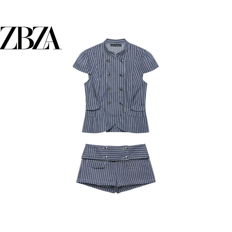 Conjunto de Top y Shorts a Rayas de Corte Ajustado y a la Moda con Botones ZR Wind para Mujer, Shorts de Cintura Alta y Manga...