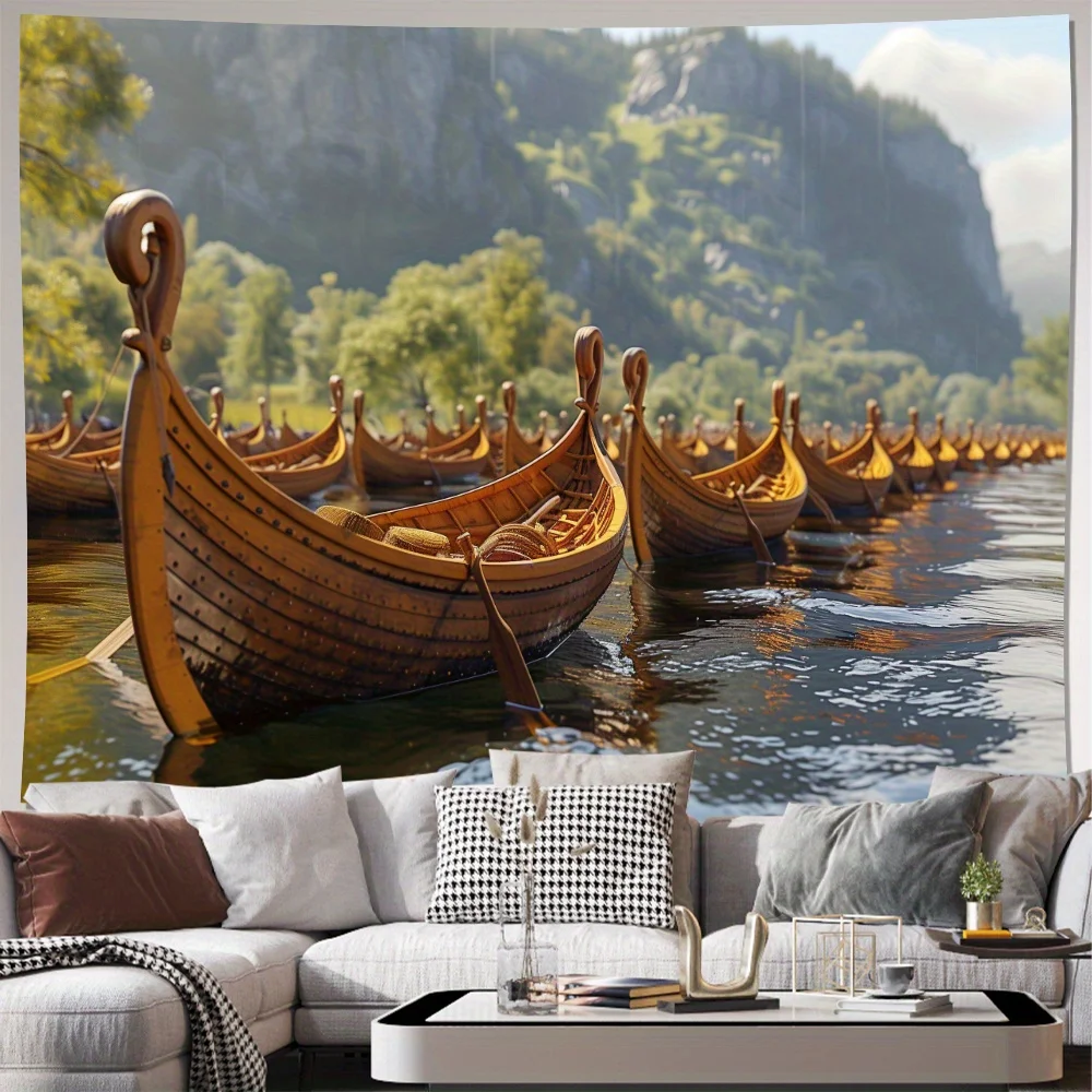 Boats River Landscape Curtain Panel Wall Art Tapestry Nature Fjord Decor for Home Bedroom Living Room Decoration