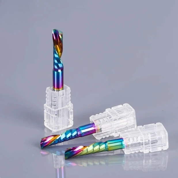 10pcs/Lot CNC Mill Carbide Milling Cutter 3.175/4/5/6/8mm Down Cut Colorful Coated AAA 1 Flute Spiral Milling Cutter Router Bit