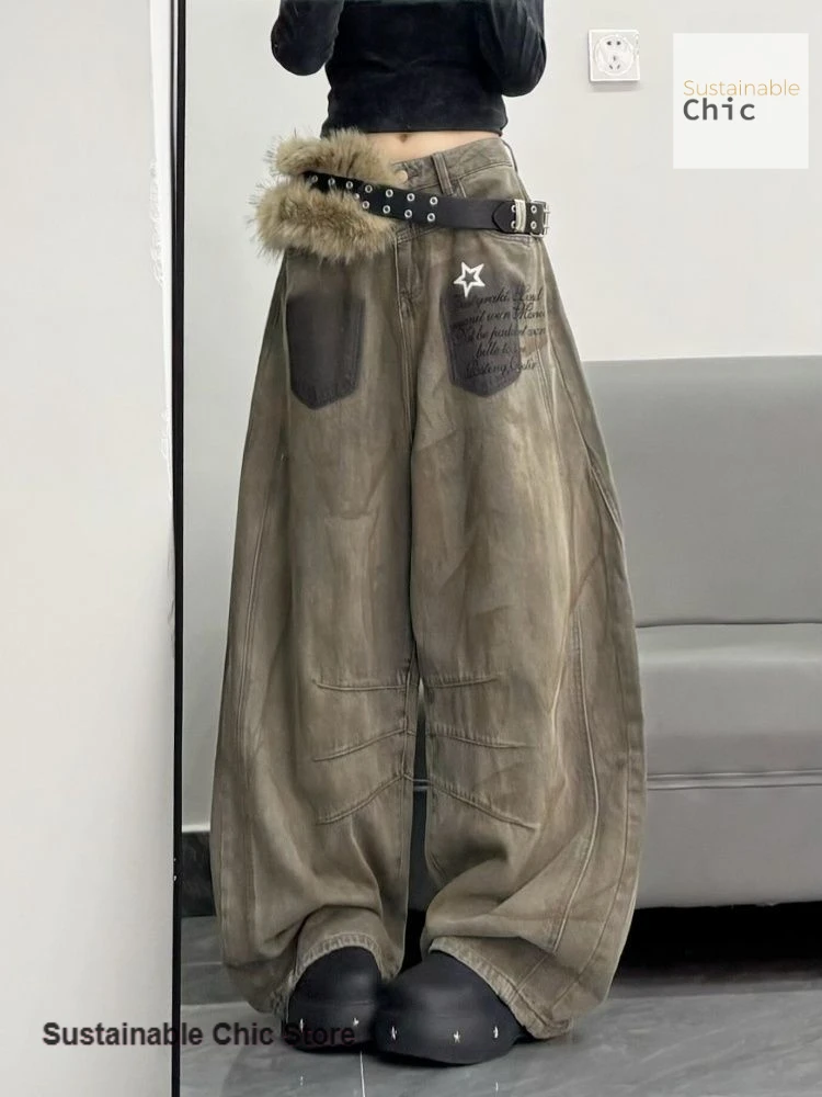 American retro wasteland graffiti dirty dyeing tooling jeans women spring and autumn high waist loose slim wide leg mop pants