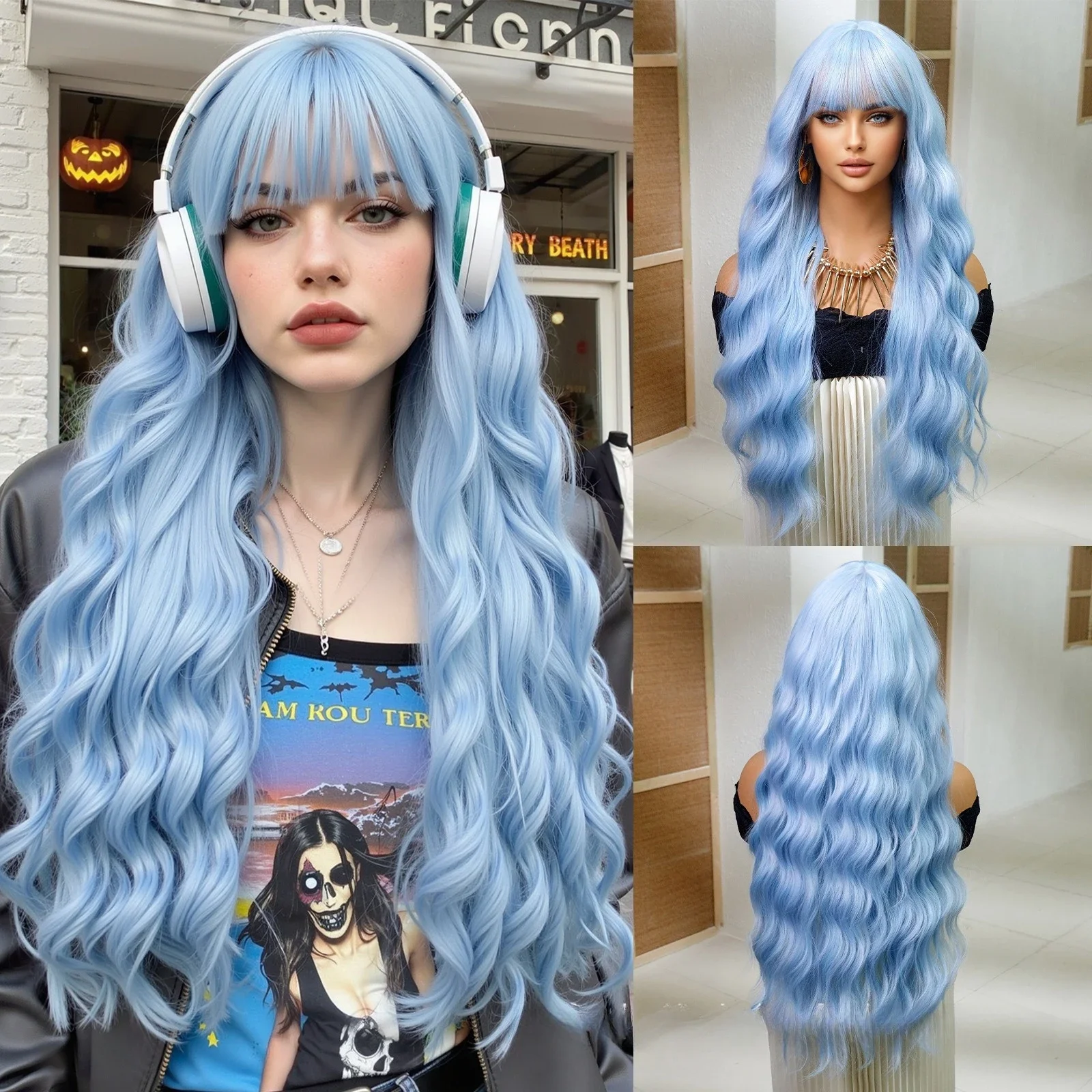 Perruque de mode pour femmes, ensemble de tête complète, noël, Halloween, frange croisée, grandes vagues, perruque de Cosplay, décoration quotidienne épicée pour filles