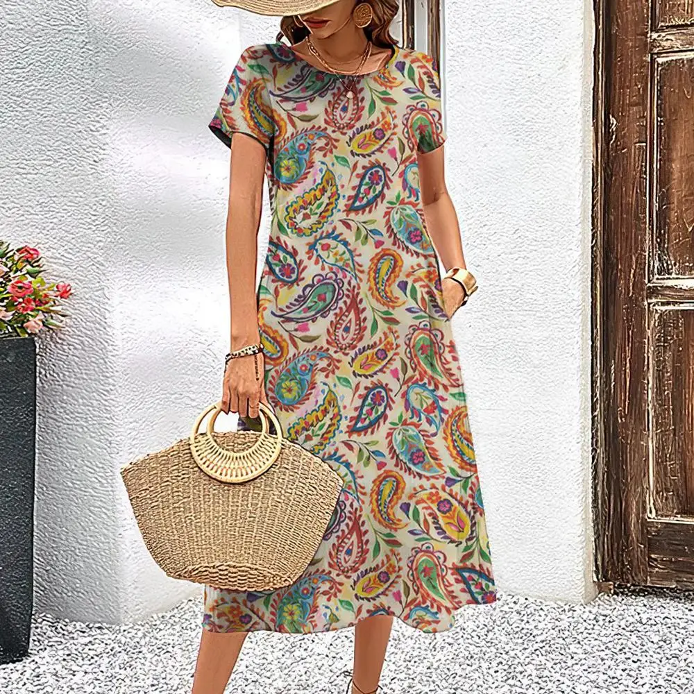 2024 Women's Dresses Paisley Print Elegant Midi Dresses Female Short Sleeve Dress Fashion Oversized Clothes Summer