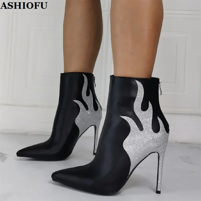 ASHIOFU New Hot Factory Sales Handmade Women's High Heels Boots Fire-Designed Pointed-toe Ankle Booty Evening Prom Fashion Shoes