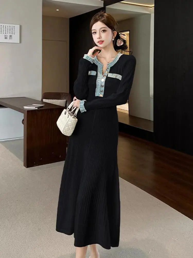 Robe coréenne en Patchwork noir et blanc pour femmes, col rond, élégante, Slim, manches longues, simple boutonnage, tricotée, tendance, automne hiver