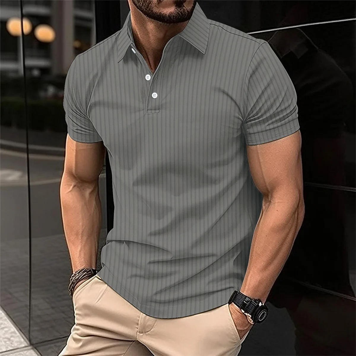 Summer men\'s polo shirt solid color button short sleeve striped lapel T-shirt casual breathable top men\'s wear Color Black S-3XL