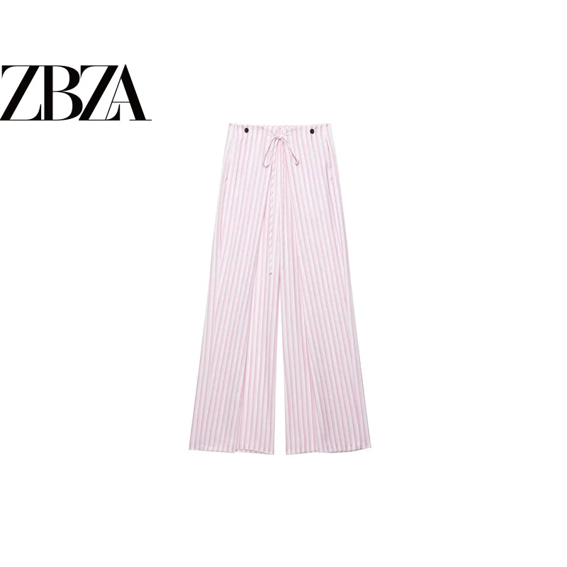 Adjustable Waist Striped Long Pants for Women ZR Style Commute Elegant Versatile Sweet Tied Belt Straight Leg Pants