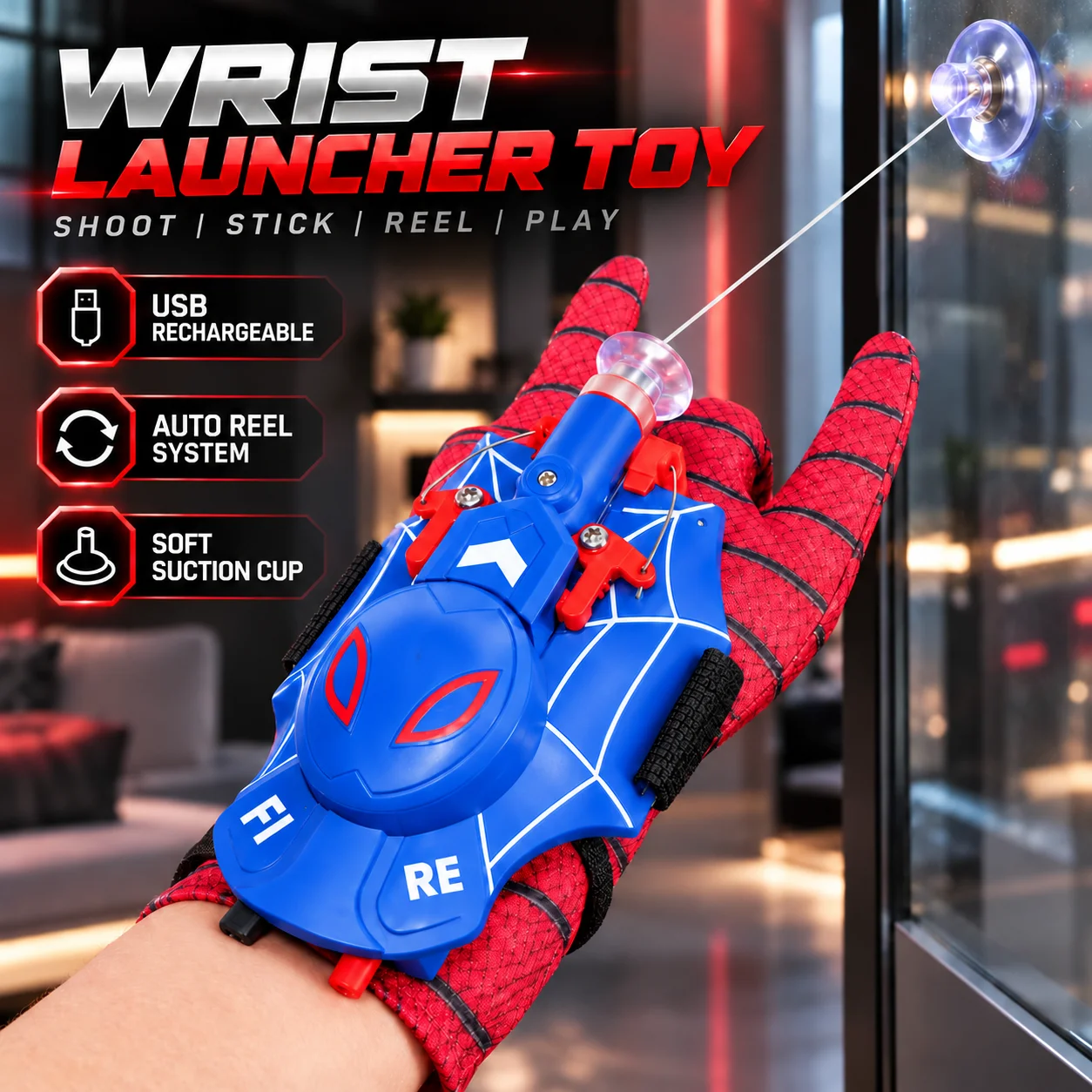 Spider Web Shooter Toy for Kids Electric Web Launcher Auto Retracting String Shooter Magnetic Suction Cup Rechargeable Role Play