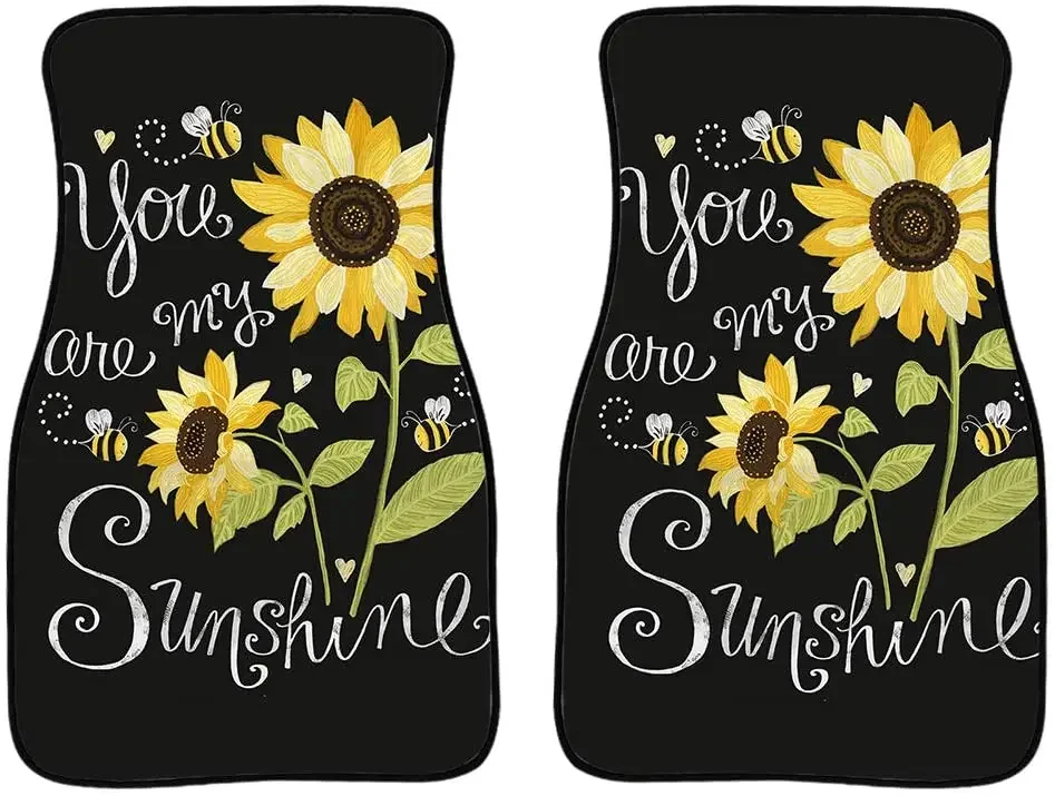 UNICEU Sunflower Black 2-Piece Car Floor Mats Set,Heavy Duty Rubber Plush Front Floor Carpet Universal Fits (You are My Sunshine