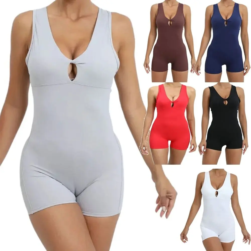 Athletic Slim Fit Women's Yoga Set One-Pieces Deep V Neck Fitness Bodysuit Wide Straps Seamless Yoga Romper Workout