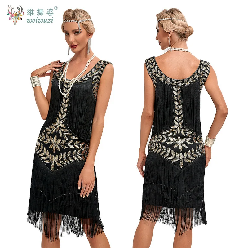 1920S 女性ヴィンテージウエディングドレスラウンドネックスパンコールビーズ刺繍タッセルタンクトップ大きいドレスセクシーなカクテルパーティー衣装