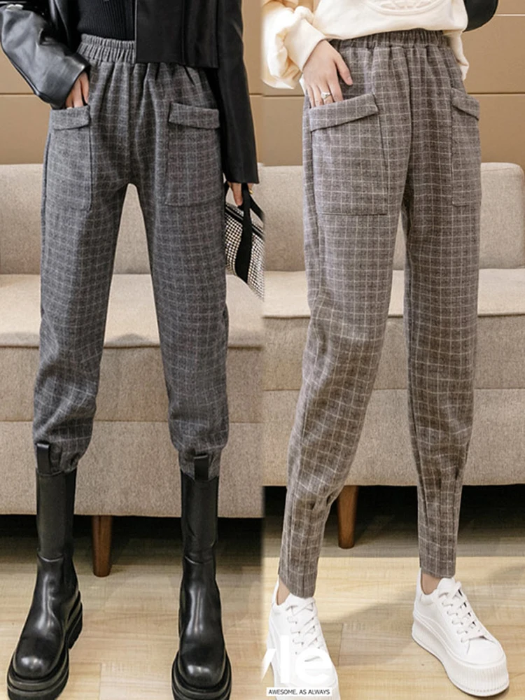 

Autumn Winter Women Plaid Pencil Pants Woolen Straight Trousers Female High Waist Loose England Style Ankle-length Pants