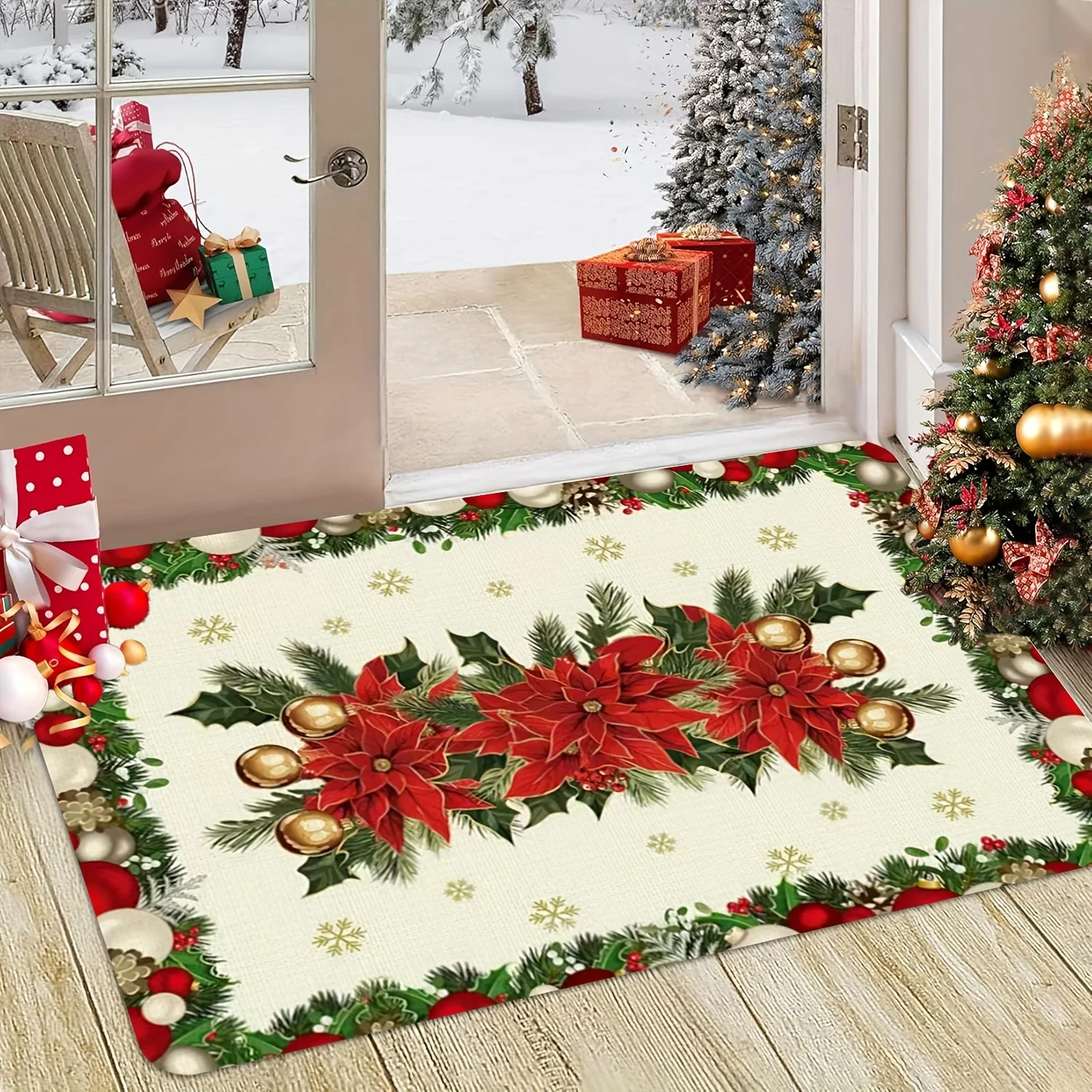 A Christmas-Themed Large Door Mat Featuring Holly, Pine Branches, And Winter Berries, Suitable for Indoor And Outdoor Use. It