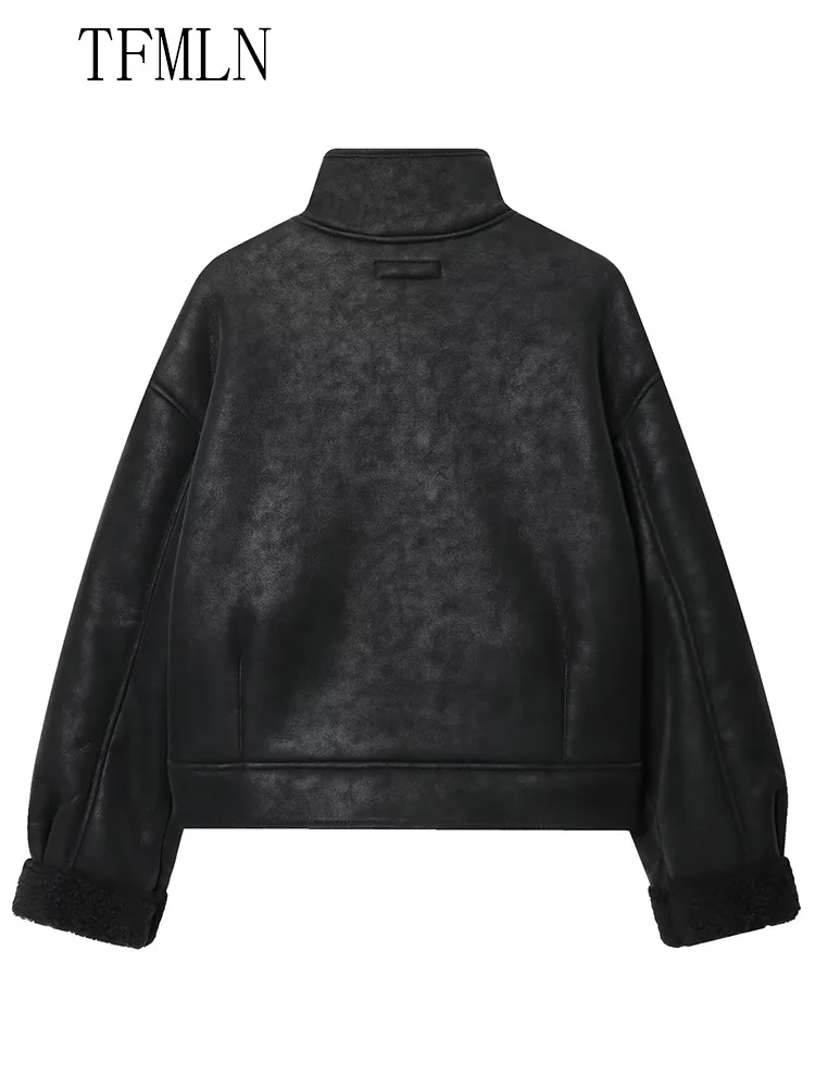 Cappotto da donna nuovo in ecopelle 2025 autunno inverno colletto alla coreana giacca monopetto a maniche lunghe moda femminile capispalla da donna allentata