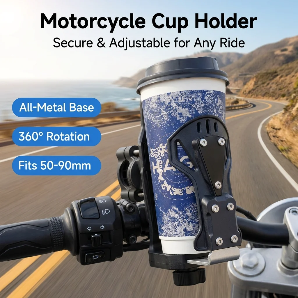 Universal Motorcycle Water Cup Holder, 360° Rotatable No-Drill Bicycle Electric Scooter Water Bottle Mount Cages for Dia 50-90mm