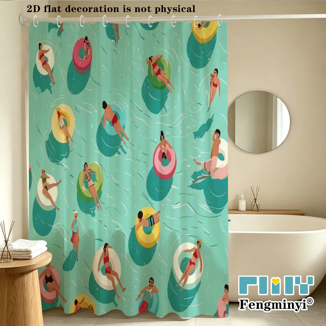 Summer Pool Party Shower Curtain, Turquoise Water People Swimming With Float Rings Print, Art Curtain for Cheerful Home Bathroom