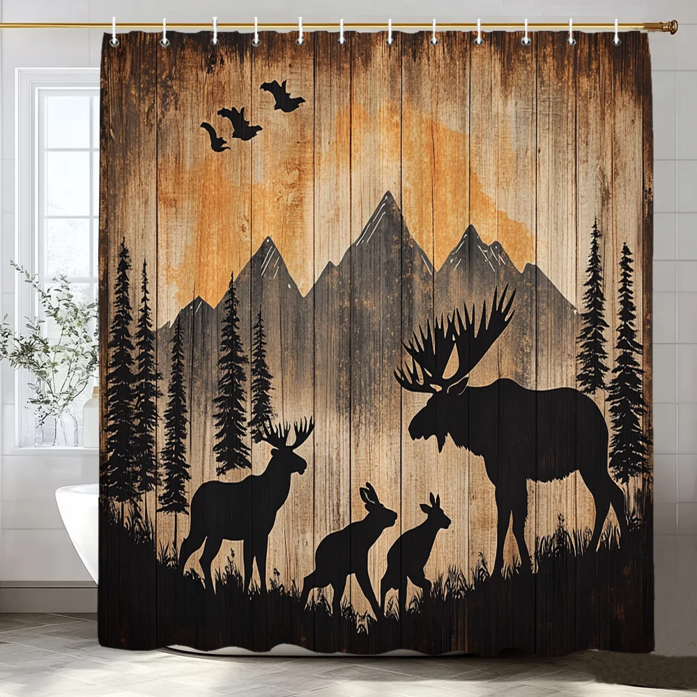 

European Fetro Forest Animals, Reindeer Shower Curtain Bathroom Curtain,Hanging Curtain 12 Hooks Decoration Machine Washable