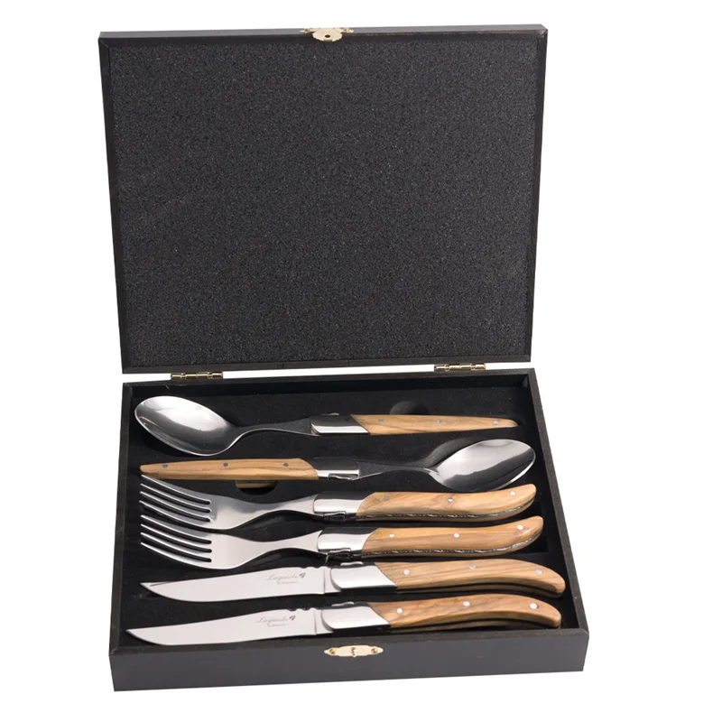 

Laguiole Wooden Cutlery Steak Knives Fork Spoon Stainless Steel Dinner Knife Olive Wood Handle Korean Tablewere 8.25'' 6pcs