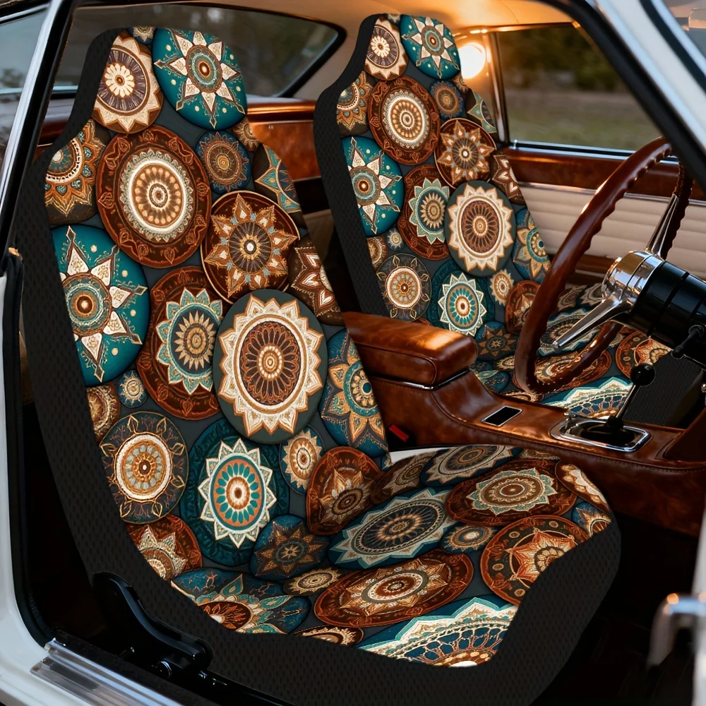 2pcs Bohemian Mandala Circular Floral Pattern Car Seat Covers | Universal Fit, Polyester, Machine Washable, Adds Modern Elegance