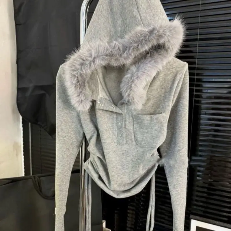 Women's Autumn Spring Tops Hooded Drawstring Solid Color Plush T-shirt Skinny Loose Casual Simple Premium New Versatile Niche