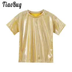 Bambini ragazzi ragazze Metallic Shiny t-shirt Top elastico luminoso camicetta Dancewear Sparkly Jazz Hip Hop Modern Dance Top Performance