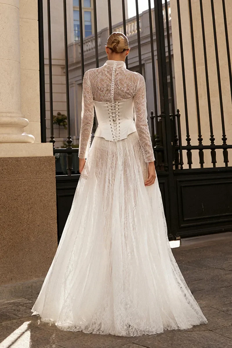 Elegant Lace Wedding Dress 2026 High Neck Long Sleeves Tight Corset Lace-up Bride Bridal Gowns Bohemian Vestidos De Noiva