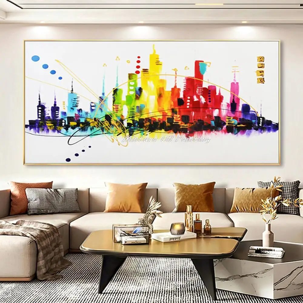 Mintura,Handpainted Colorful City Architectural Landscape Oil Paintings on Canva Modern Abstract Wall Art,Picture for,Home Decor