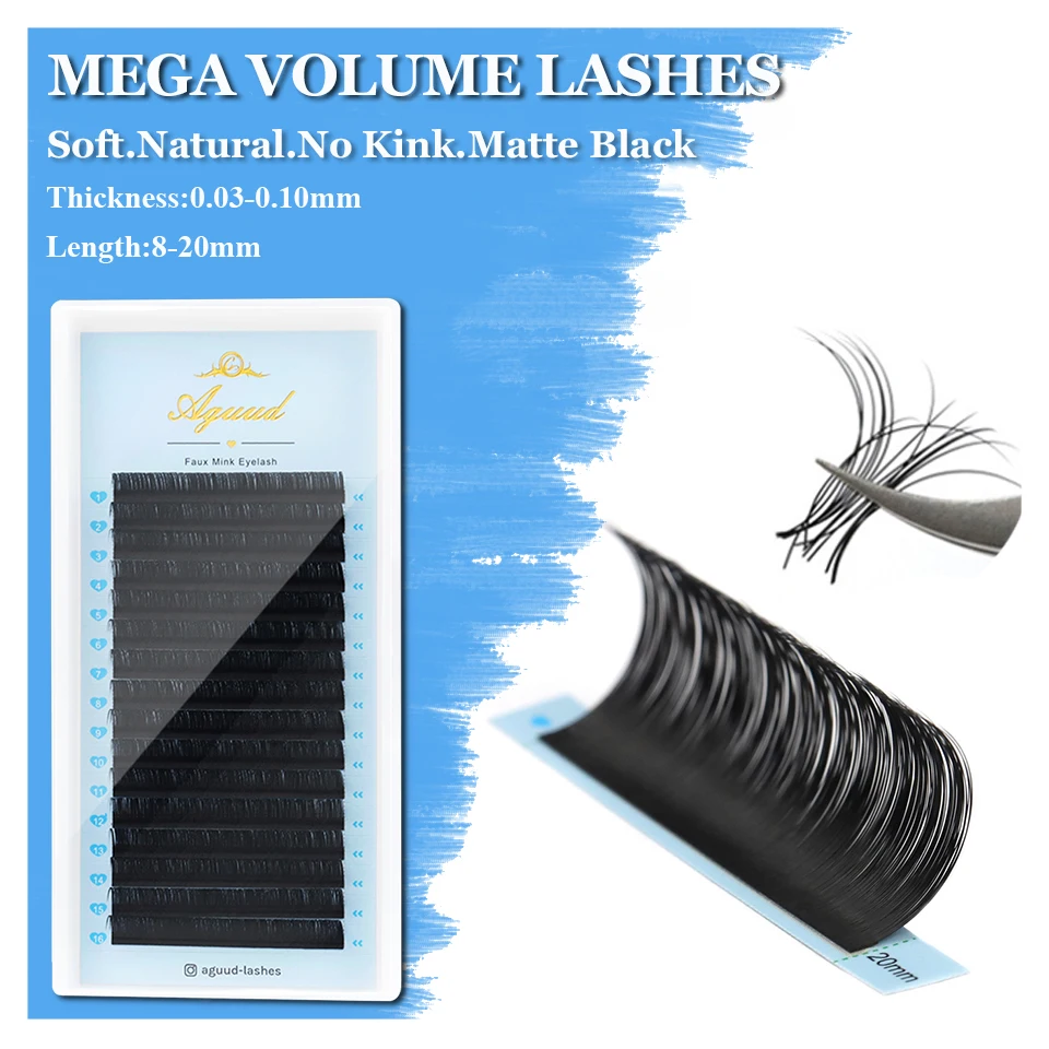 

AGUUD 16 Rows False Eyelashes 0.03-0.10 Mega Volume Fans Matte Black Premium Individual Eyelash Extensions Classic Makeup Clios