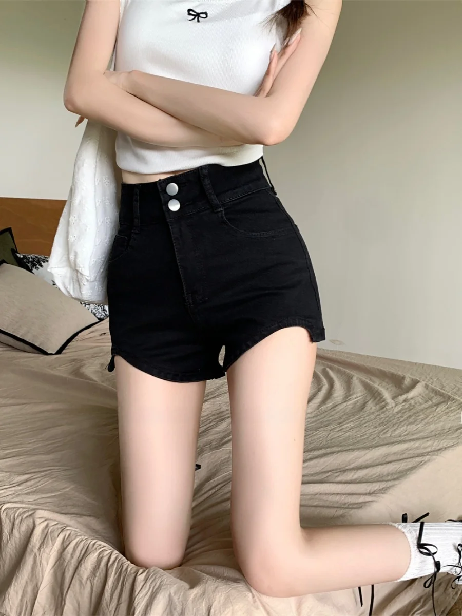 

High Waist Bla Elastic Denim orts Women plus Size Summer Slim A-Line Hot Pants Irregular Hem Trendy Fem Clothing