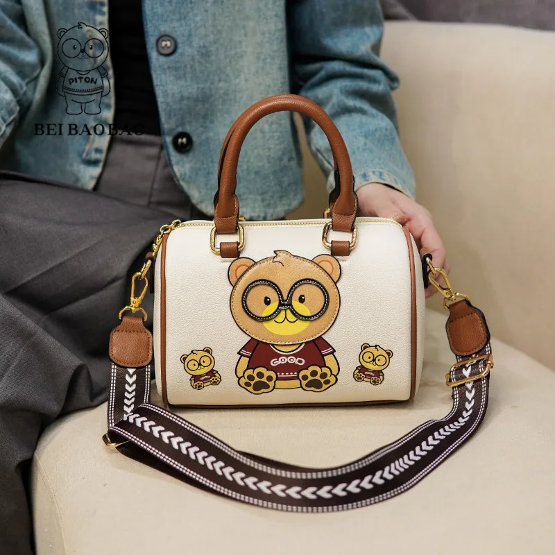 Beibaobao White Handbags Casual Boston Women\'s Bag 2024 New Bear Pattern Design Fashionable Handbag Shoulder Bag Crossbody Bag