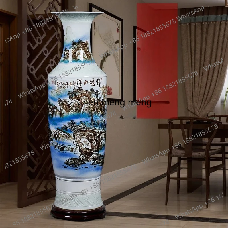 Ceramic blue and white hand-painted floor-to-ceiling vase home living room decoration Chinese-style ornaments