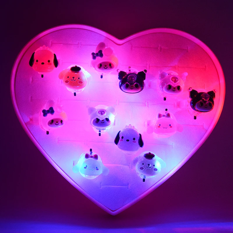 6pcs Sanrio Cinnamoroll Flashing LED Luminous Kuromi Ring for Kids Cartoon Finger Glowing Children Lights Jewelry Party Gift