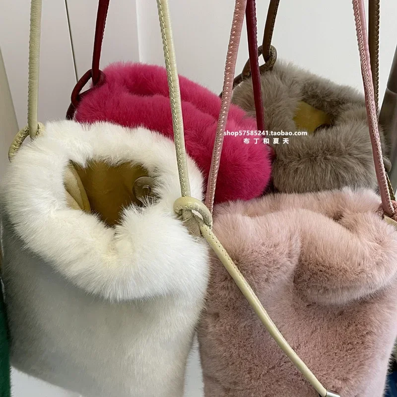 Cute Solid Color Faux Rabbit Fur Plush Shoulder Crossbody Bag Women Fashion Portable Mobile Phone Purse Kawaii Lady Handbag Gift