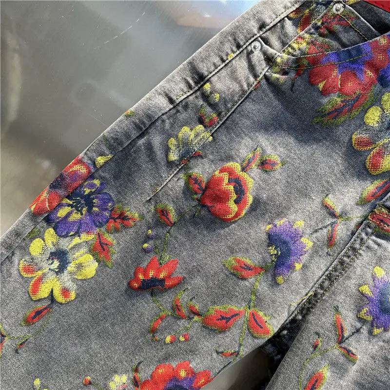 2026 New Spring Autumn Smoke Gray Floral Printed Denim Carrot Pants All-match Women High Waist Stretch Casual Harem Jeans