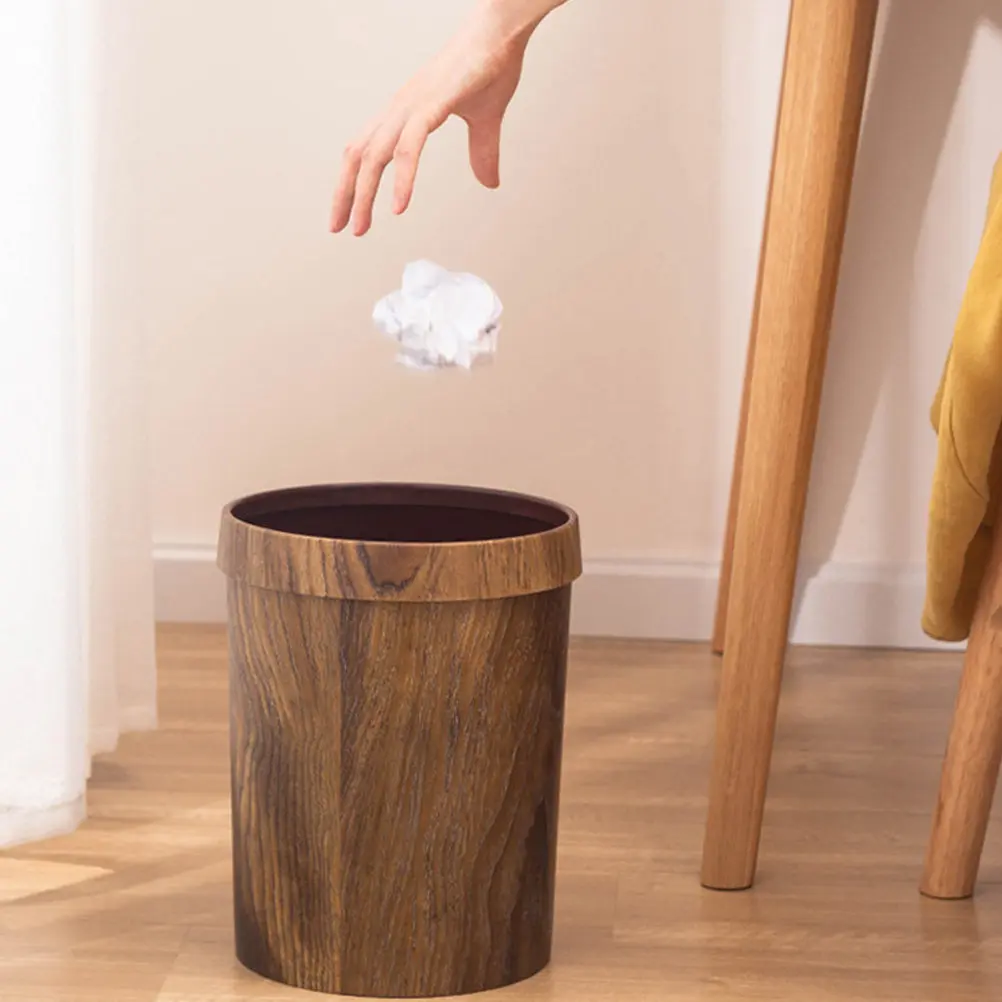 1Pcs Vintage Style Trash Can Plastic Retro Garbage Bucket with Wood Grain Finish Simple Waste Storage Holder for Home Office