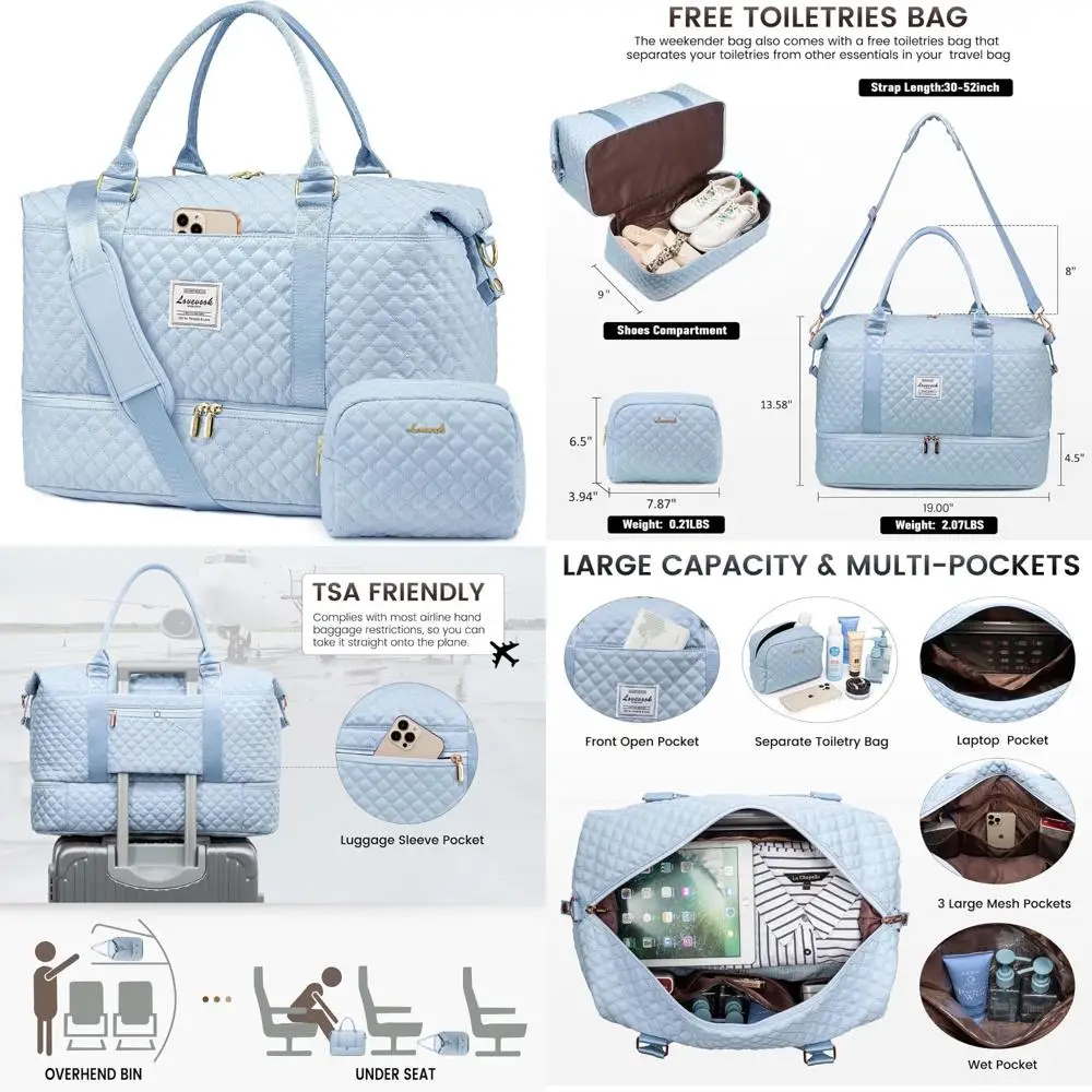 

Women's Weekender Duffel Bag with Shoe Compartment, Carry-On Overnight Travel Bag, Toiletry Bag, and Gym Bag