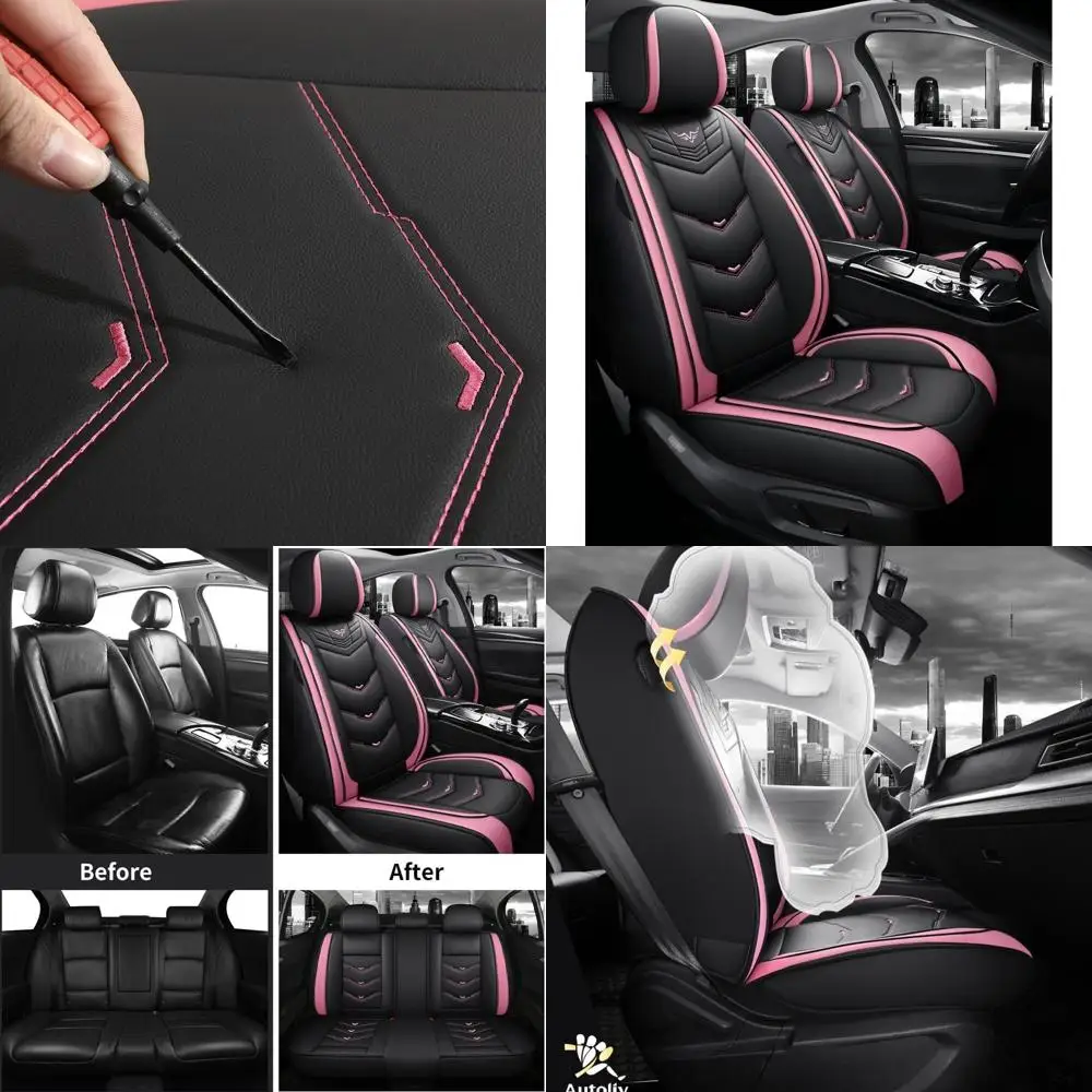 

BGYFOU Модный дышащий кожаный чехол на автомобильное сиденье из искусственной кожи, 5-местный, универсальный (черный и розовый)