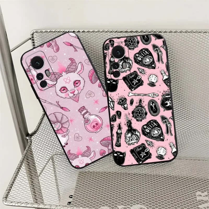 Pink Cat Skull Sorceress Witch Phone Case Fundas For Redmi Note 12S 12 11S 11 10 9S 8T 7 8 9 9T 10X A2 Pro Plus Black Cover