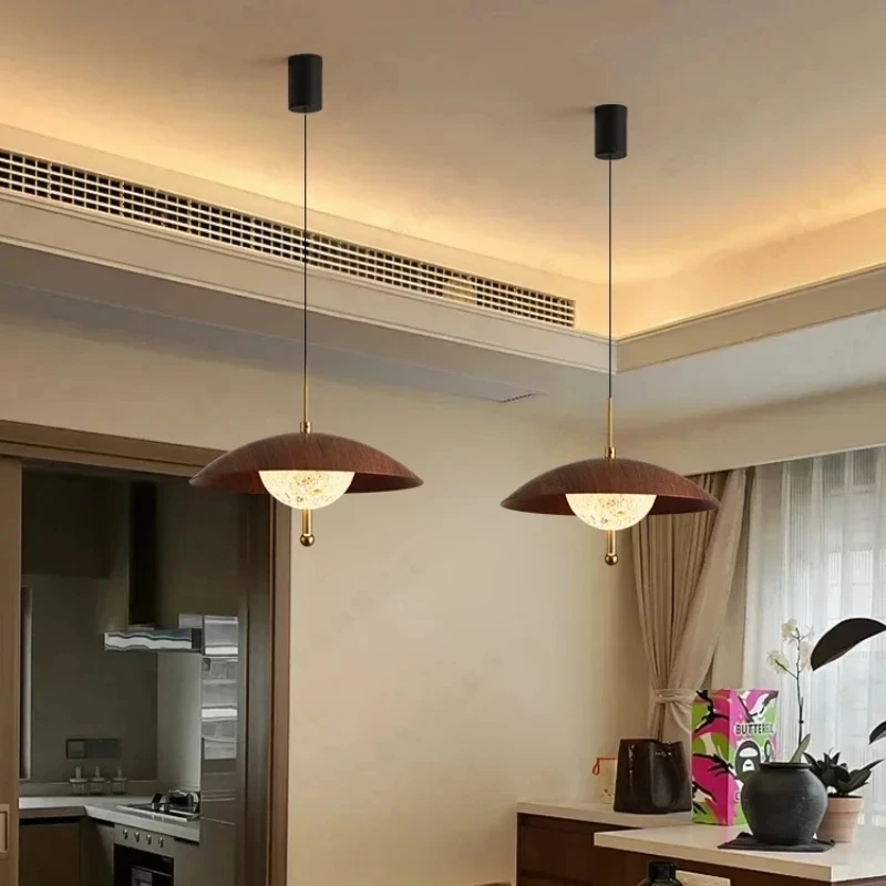 Solid Wood Disc Pendant Light Brass Textured Glass Hanging Lamp Mid Century Dining Bedroom chandelier