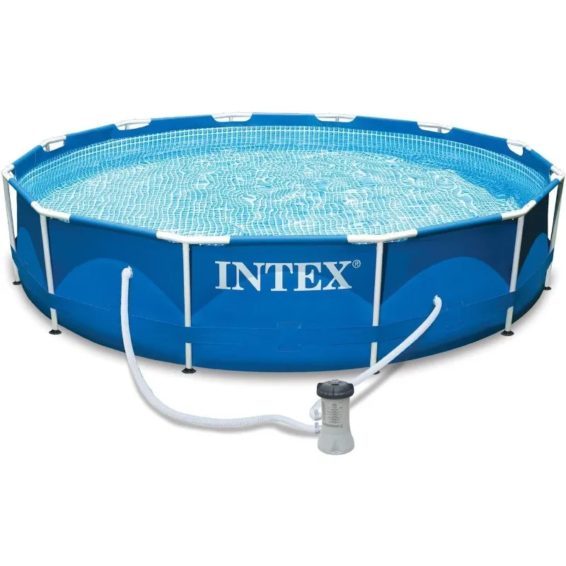 Intex Juego y bomba de piscina familiar redonda sobre el suelo con estructura metálica de 12 pies x 30 pulgadas