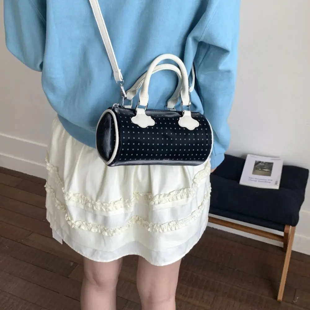 

Trendy French Style Polka Dot Bowling Bag Large Capacity Elegant Boston Shoulder Bag PU Leather Cute Cylindrical Bag Daily