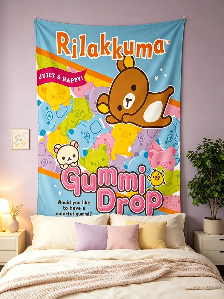 Pink Dressed As Grey Cat Tapestry, Japanese Cartoon Cute Bear & Little Dog Wall Decor Tapestry